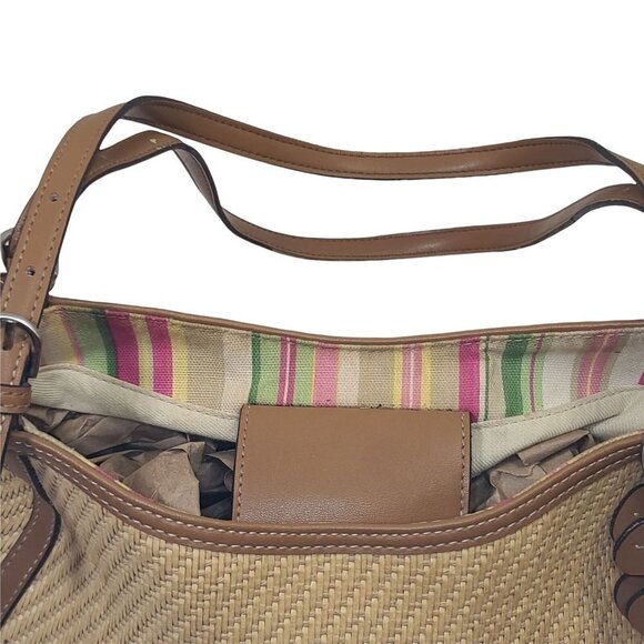 Fossil Woven Tan Shoulder Bag Leather Accents Striped Interior - Picture 3 of 11